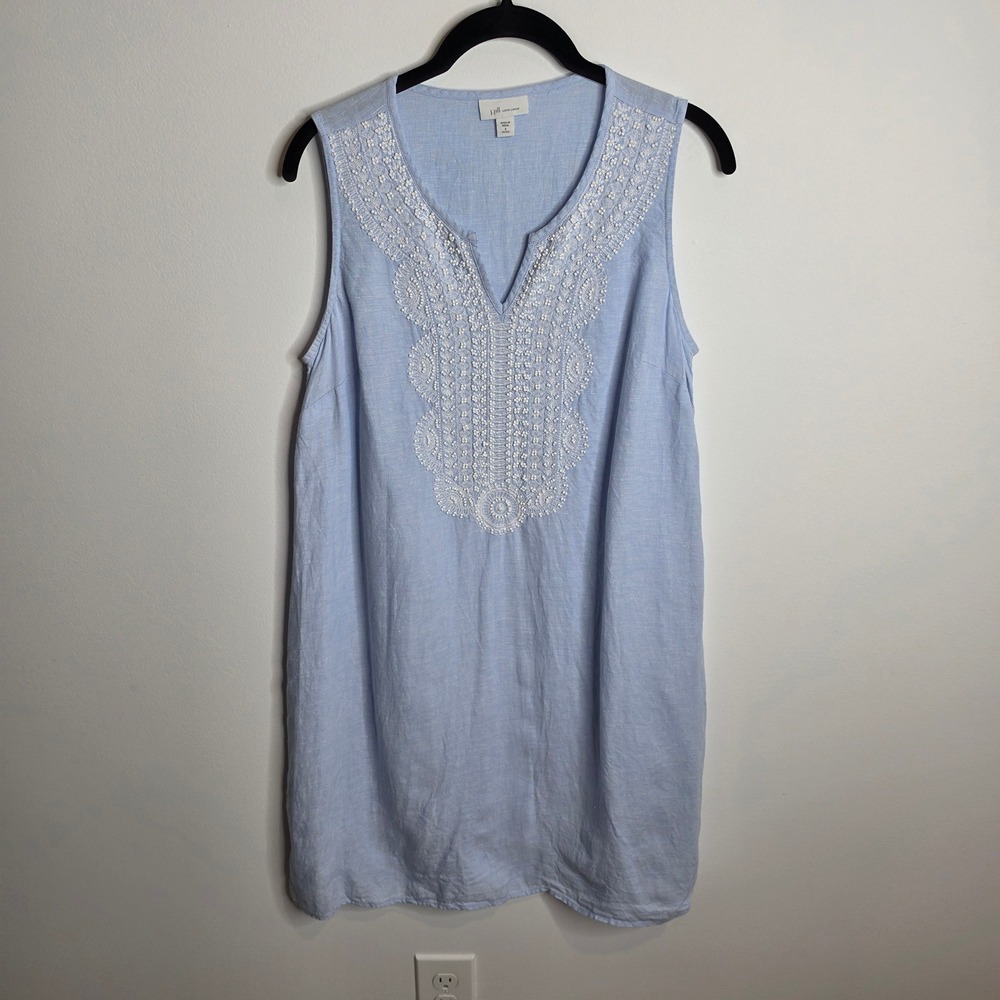 J. Jill Love Linen Dress Women S Petite Blue Sleeveless Embroidered Beaded